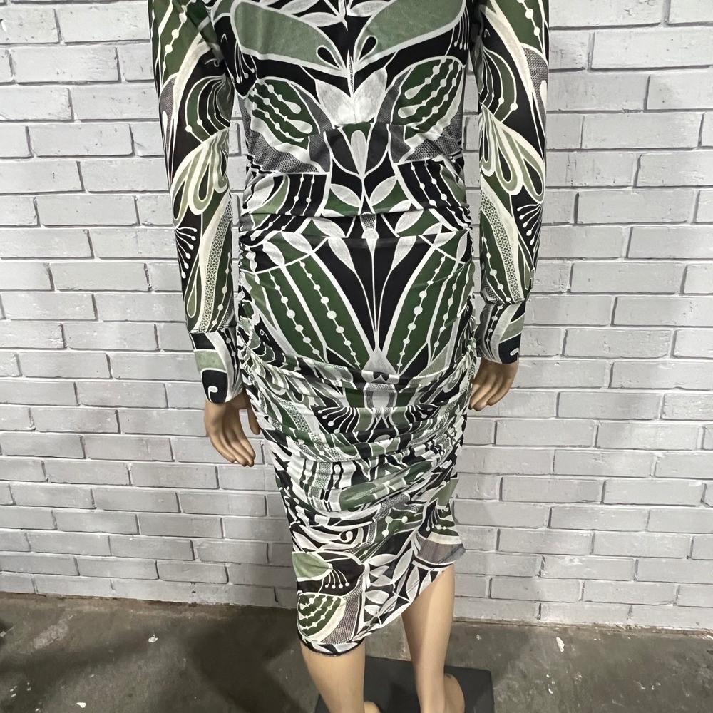 Farm Rio Green Lace Nature Tulle Botanical Mock Neck Midi Dress Boho Glam M NWT - Picture 6 of 11